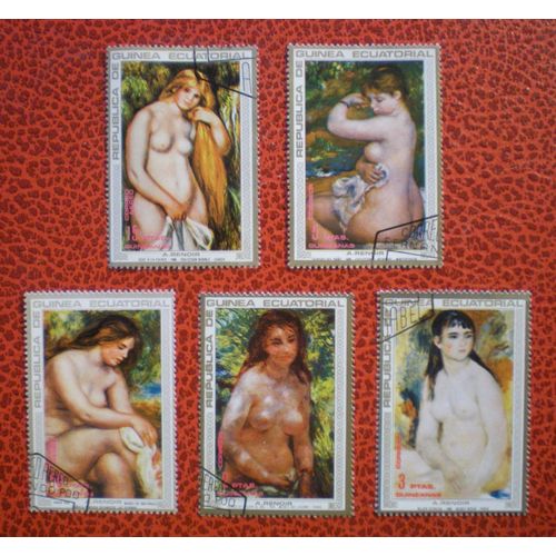 Lot De 5 Timbres Oblitérés - Guinée Équatoriale - Peinture - Tableaux De Nu De Renoir