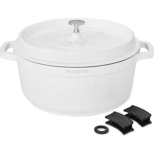 Anwxai-6,6l Cocotte Ronde En Fonte D¿Aluminium,Revêtement Antiadhérent En Céramique. Couvercle Avec Picots Saveurs. Compatible Tous Feux Dont Induction Et Au Four Jusqu¿À 220° (28cm,Blanc)