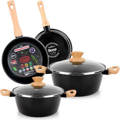 Anwxai-Orbe Batterie De Cuisine À Induction 6 Pièces,Antiadhésif Libre Pfoa Émail Extérieur Noir,Set De Casseroles Couvercle En Verre,Poêles,Quincaillerie Effet Bois,Design Moderne
