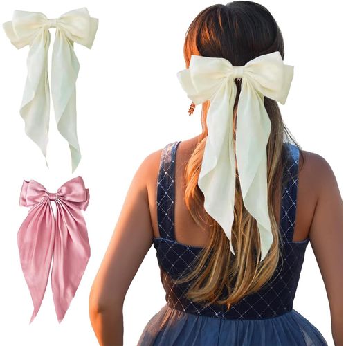 Asas-Lot De 2 Barrettes À Cheveux En Satin Doux Et Soyeux,Arcs À Cheveux Grand Pinces,Longue Queue De Ruban Français Pour Femmes (Beige+ Rose)