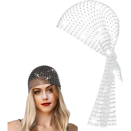 Asas-Bandeau En Maille Et Strass Pour Femme-Paillettes-Élastique-Large Foulard De Tête-Cristal-Blanc