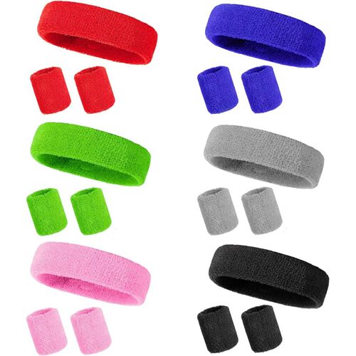 Asas-18 Pièces 6 Couleurs Ensemble De Bandeaux Sports 5 Pièces Bandeau Sport Et 5 Paires Serre Poignet Fluo Rétro Accessoire Fluo Doux Et Absorbant La Transpiration Pour Sport