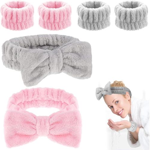 Asas-2 Ensembles De Bandeaux De Spa Pour Femmes,Bandeaux Et Bracelets En Éponge,Bandeaux Élastiques Pour Le Yoga,Le Sport Et Les Soins De La Peau,Bandeaux Cosmétiques En Rose Et Gris
