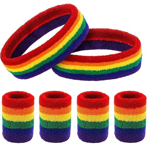 Asas-6 Pièce Bandeau Sport Homme Arc En Ciel 2 Bandeaux 4 Serre Poignet Tennis Bracelets Elastique Ensemble De Bandeau Anti Transpiration À Rayures Colorées Pour Hommes Femmes