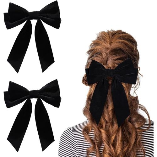 Asas-Lot De 2 Grandes Pinces À Cheveux,N?Uds En Ruban Avec Pinces À Cheveux Françaises Vintage En Satin¿Pinces À Cheveux Avec Grand N?Ud Et Longues Pinces À Cheveux En Satin Soyeux (Noir)