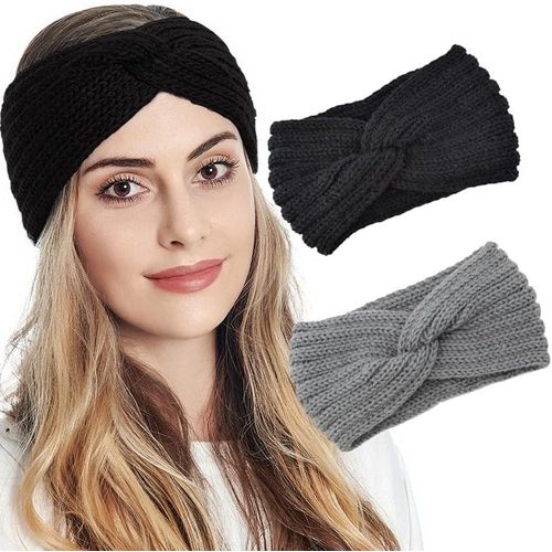 Asas-Lot De 2 Bandeaux D'hiver Torsadé En Tricot Élastique Pour Femmes Et Filles-Protège-Oreilles (Noir Et Gris)