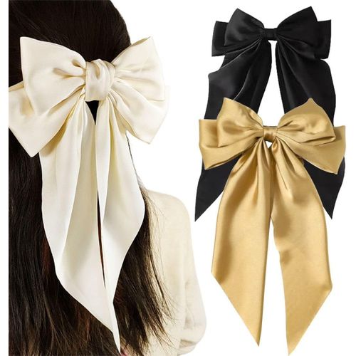 Asas-Lot De 3 Noeud Cheveux Barrettes À Cheveux Avec Grand N?Ud Français Avec Long Ruban De Satin Soyeux,Noeud Cheveux Fille,Couleur Unie Grand Noeud,Épingles À Cheveux,Noeuds 