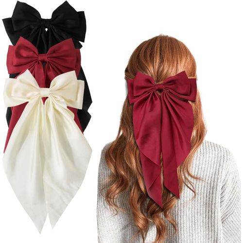 Asas-Lot De 3 Barrettes À Cheveux En Satin,Barrettes Françaises Avec Long Ruban Soyeux-Accessoires Pour Chignon Et Queue De Cheval-Pour Femme Et Fille (Noir,Rouge,Blanc)