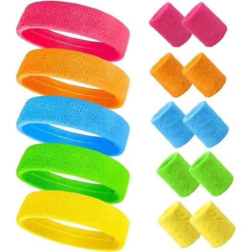 Asas-Ensemble Bandeau De Sport Et Serre-Poignets-15 Pièces Fluo Anti-Transpiration-Accessoires Rétro Années 80 Et 90 Pour Fête