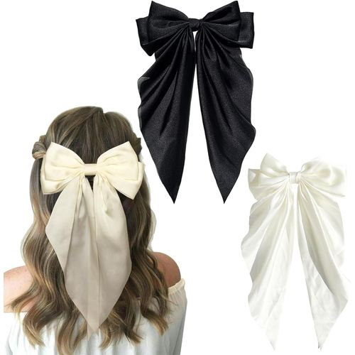 Asas-Lot De 2 Noeuds De Cheveux Pinces,Noeuds Cheveux Femme En Satin Soyeux,N?Ud Papillon Pinces À Cheveux Françaises Avec Ruban,Barrette À Cheveux Avec N?Ud Élégant Pour Femme Et Fille,Noir,Beige