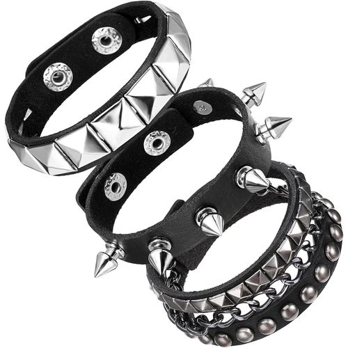 Asas-3 Pièces Punk Bracelet À Goujons En Cuir Punk Rock Bracelet Noir Avec Clous Bracelet Manchette À Goujons D'halloween Réglable Bracelet En Cuir Gothique Des Années 80 Pour Hommes Femmes