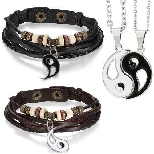 Asas-Aron Cent 2/4pcs Chaînes Avec Pendentif Yin Yang Bracelet Chaîne Collier De Tai Chi Cuir Bracelet Bagua Amitié En Acier Inoxydable Enroulé Bracelet Pour Homme Et Femme Noir Marron Argenté