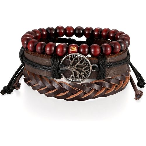 Asas-Bracelet Manchette Multi-Tours Tissage À La Main En Cuir Perles En Bois Avec Totem Arbre De Vie Pour Homme Femme