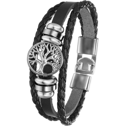 Asas-Bracelet Manchette Multi-Rangs Tressé En Cuir Pour Homme Femme Chaîne De Main Couleur Marron/Noir Avec Arbre De Vie En Alliage Style Rétro Ethnique