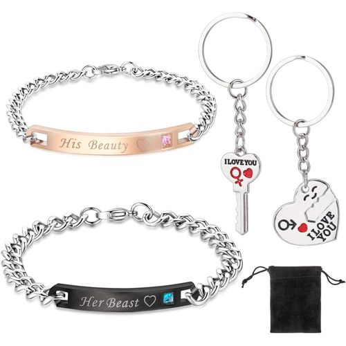 Asas-Porte-Clés Bracelets Saint Valentin Couples Cadeaux,Je T'aime Porte-Clés & Sa Bête Sa Beauté Bracelets Parures Pour Homme Femme Cadeaux Pour Gaçon Filles Couples Saint-Valentin