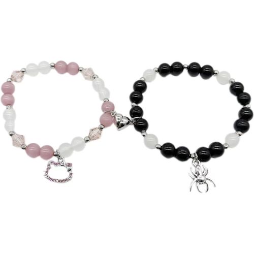 Asas-2 Pièces Bracelet Connecté Couple Bracelet Pierre Naturelle Valentin Couple Femen Bracelet D'amitié 18cm Bracelet Perles Femme Hella Kitty/Spider Pour Couples D'hommes Et De Femmes