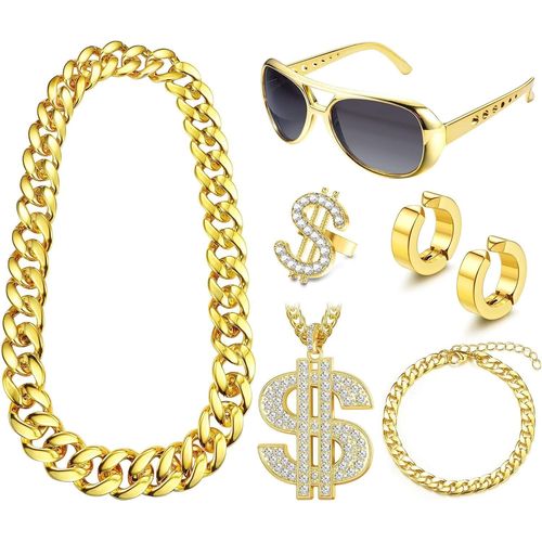 Asas-80s 90s Hip Hop Costumes Kit Fausse Or Chaîne Bracelet Rappeur Dollar Signe Collier Doigt Anneau Dj Punk Hippie Soleil Lunettes Boucles D'oreilles À Pince Fêtes Carnaval Concerts Accessoires