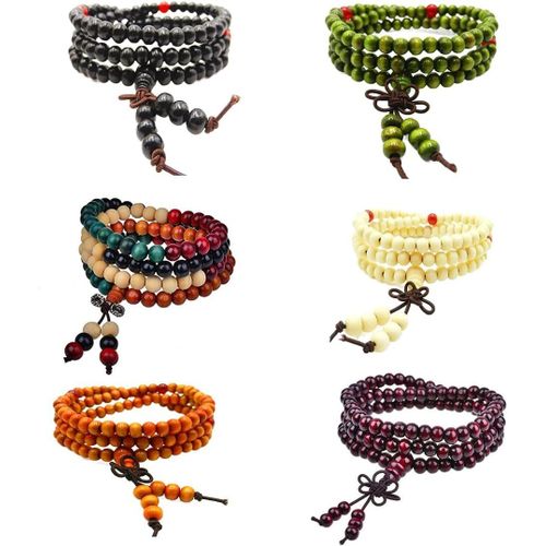 Asas-6 Pcs 108 Bracelet Perles En Bois De Santal Naturel Collier/Bracelet Chaîne Chapelet Perles Tibétain Bouddhiste Bouddha Mala Élastique Pierres Bracelet Homme Femme