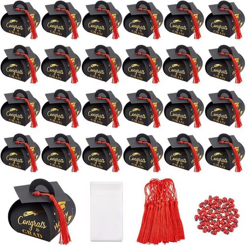 Yemaesre-Ph Pandhall 50 Ensembles Coffrets Cadeaux De Rem De Diplôme Boîtes À Bonbons Chapeau De Rem De Diplôme Avec Pompons Rouges Cabochons En Bois Pour Cadeau De Fête De Rem De Diplôme Noir