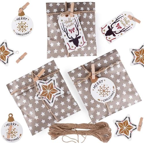 YEMAESRE-25Pcs Petit Sac Cadeau En Papiersachet Pochette Bonbon Forme Étoile + 30Pcs Étiquettes + 30Pcs Pince À Linge En Bois Sacs DEmballage Pour Biscuits Dragée Noël Anniversaire Mariage Fête