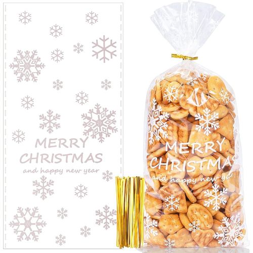 Yemaesre-100pcs Sachet Biscuit Noel, Christmas Sachets Transparents Pour Biscuits, Sachet Bonbon Avec 200pcs Attaches Torsadées Pour Fête De Noël
