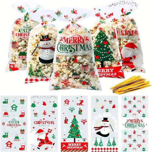 Yemaesre-100 Pcs Sachets Biscuits Noël Et 120 Rubans Dorés,Sachet Plastique Bonbon Sac Anniversaire Enfant Sacs De Biscuits Pour Chocolat Bonbons (Noël 1)