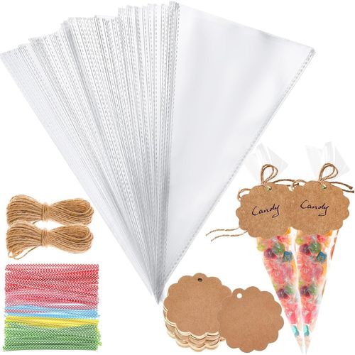 Yemaesre-100 Pièces Sachets Transparents Pour Bonbons, 25x13 Cm Sachets Biscuits Sachet Cellophane Transparent Avec Etiquette Cadeau Pour Anniversaire Mariage Baptême Communion Noël