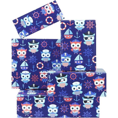 YEMAESRE-Papier Cadeau Motif Hibou Habillé En Pirate Marin Capitaine Bateau Ancre Bouée De Sauvetage Gouvernail Papier Cadeau Pour Enfants Garçons Filles Anniversaire, Vacances, Mariage, Fête Prénata