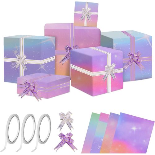 Yemaesre-Lot De 8 Rouleaux De Papier Cadeau D'anniversaire Pour Fille Avec Ruban Adhésif Double Face Et Ruban D'emballage Pour Fête