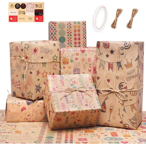 Yemaesre-Lot De 6 Rouleaux De Papier Cadeau D'anniversaire Recyclable Avec Ruban Adhésif Double Face Et Corde De Paille De 10 M - Papier Cadeau Marron Pour Hommes, Filles, Enfants - 70 X 50 Cm
