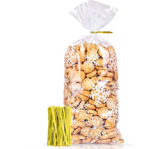 Yemaesre-100 Pochette Cadeau Noel, Sachet Biscuit Noel, Sachets Transparents Pour Biscuits, Sacs De Biscuits Goody Avec 100 Attaches Torsadées (Blanc)