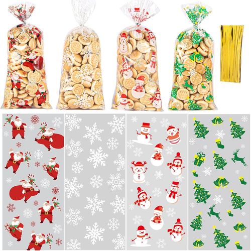YEMAESRE-100 Sachet Biscuit Noel Sachets Transparents Plastique,Sachet Alimentaire Cellophane Noël Sachet Plastique Enfant Sacs Pour Chocolat Bonbons