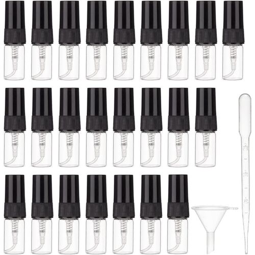LETNERNY-40Pcs 2Ml Mini Flacon Pulvérisateur À Brume Fine, Bouteille D'Échantillon Rechargeable Avec Couvercle En Plastique Noir 10 Compte-Gouttes Et Entonnoir 4 Pièces Pour Parfum, Lotion, Voyage