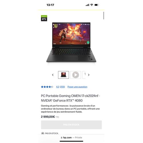 HP Omen 17-CK2024NF - 17.3" Intel Core i7-13700HX - 1.5 Ghz - Ram 32 Go - SSD 1 To