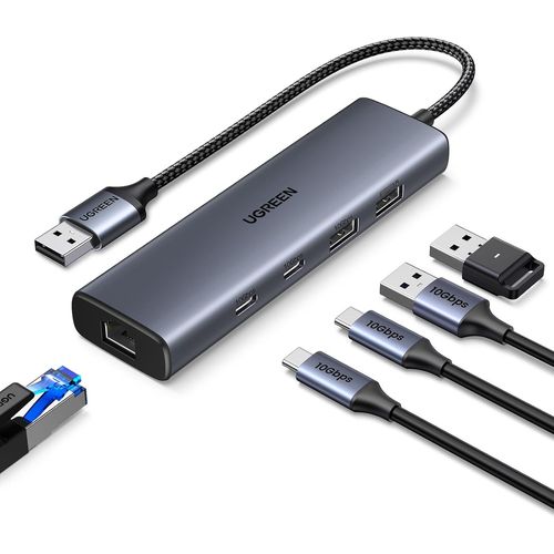 BAERTMY-10Gbps Hub Ethernet 1000Mbps Avec Multi 5 En 1 Adaptateur Rj45 Réseau Lan Usb 3.2 Gen 2 Compatible Avec Pc Ordinateur Portable Windows Macos Linux Plug Play Câble 30Cm