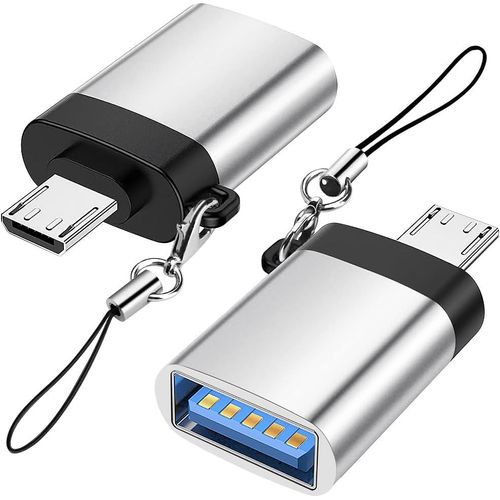 BAERTMY-Adaptateur Micro Usb Vers Usb 3.0 (Pack De 2) Avec Lanière, Micro Usb Mâle Vers Usb-A Femelle Adaptateur Otg Compatible Avec Samsung S7 S6, Micro Appareils Otg, Clé Flash, Clavier (Argent)