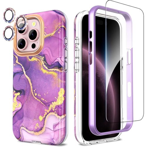 Baertmy-Coque Pour Iphone 16 Pro, 4 En1 Paillette Caméra Protection & Verre Trempé & Bumper & Étui Pour Iphone 16 Pro, Coque Pour Iphone 16 Pro Avec Paillettes, Brillant, Antichoc, Violet