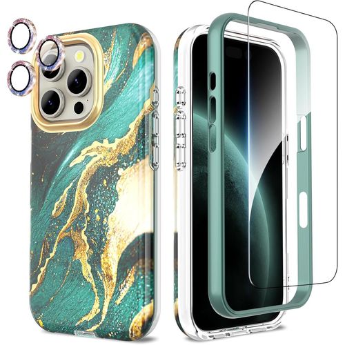 Baertmy-Coque Pour Iphone 16 Pro,4 En1 Paillette Caméra Protection & Verre Trempé &bumper & Étui Pour Iphone 16 Pro,Coque Pour Iphone 16 Pro Avec Paillettes,Brillant, Antichoc, Fantaisie Vert
