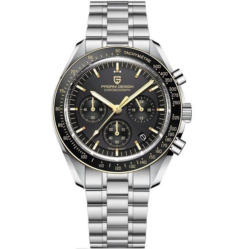 Pagani Design 1701 Black With Gold Moonwatch Montre Hommes Quartz Chronographe Montres Japon Vk63 Mouvement Acier Inoxydable Etanche Montre Sport