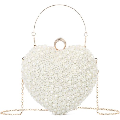 NAERYUT-Pochette En Perles Pour Femme Clutch De Soirée Avec Chaîne Sac À Main Perles Forme De C?ur Pour Mariée Sac Bandoulière Pour Mariage Fête(Blanc)