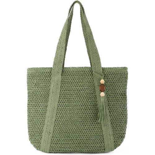 NAERYUT-Sac À Bandoulière En Paille Pour Femmes Filles Sac À Main D'Été En Paille Cabas Sac De Plage Tissé Pour Vacances Voyages(Vert 02)