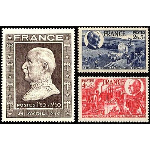 France 1944, 88ème Anniversaire Philippe Pétain, Très Beaux Timbres Neufs** Luxe Yvert 606 Buste, 607 Corporation Paysanne Et 608 Charte Du Travail,