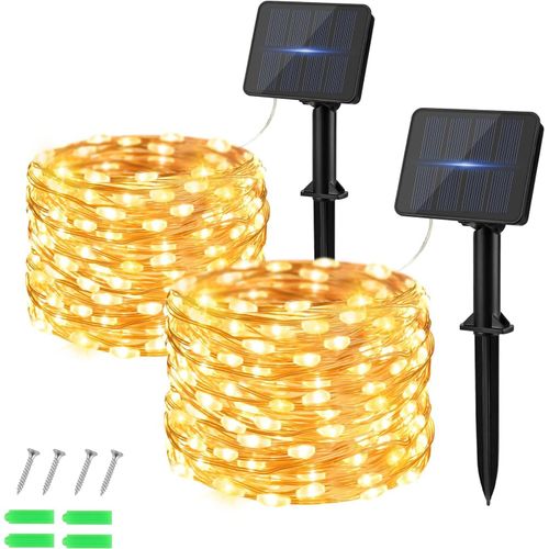 BAERTMY-Guirlande Lumineuse Exterieure Solaire, 5M 50 Led Blanc Chaud Guirlande Solaire Exterieur Fil De Cuivre 8 Modes Étanche Lumiere Solaire Exterieur Pour Le Jardin, L'Arbre, Noël (Lot De 2)
