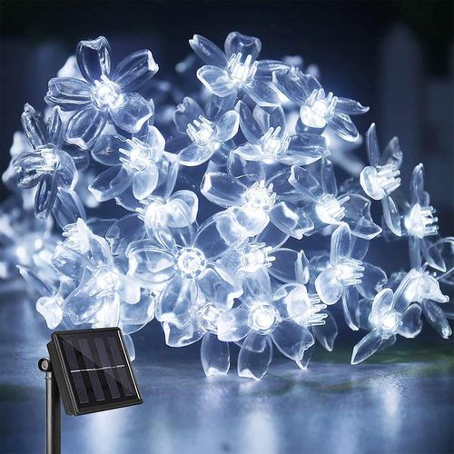 BAERTMY-Guirlande Lumineuse Exterieure Solaire, 50 Led 7M Guirlande Guinguette Solaire Fleur Sakura Cerise, 8 Modes Jardin Extérieure Étanche Chaîne Décoration Pour Noël Décoration (Blanc)