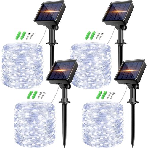 BAERTMY-Lot De 4 Guirlande Solaire Exterieur, 8 Mode 10M/32Ft 80 Led Guirlande Lumineuse Exterieure Solaire, Étanche Lumiere Solaires Extérieur Pour Jardin Mariage Fête Terrasse Noel Arbre[Blanc Froi