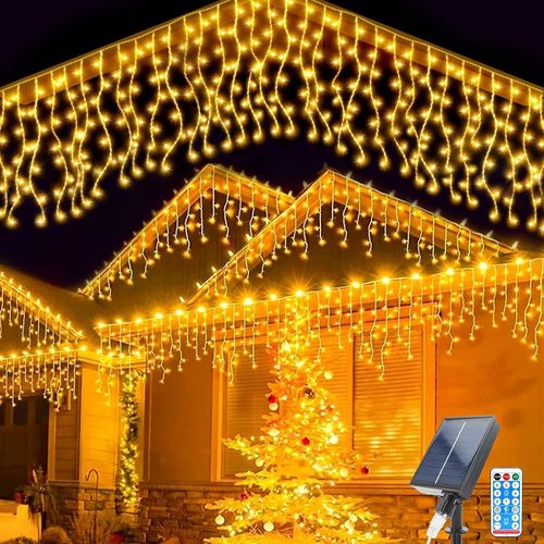 BAERTMY-Guirlande Lumineuse Solaire, 5M Solaire Rideau Lumineuse 16 Pcs Étanche Rideau Lumineuse 8 Modes 128 Led Rideau Lumineux De Noël Avec Télécommande Pour Fenêtre Balcon Mariage Fête
