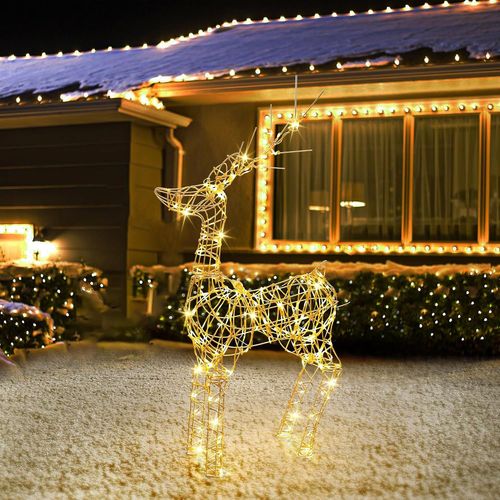 BAERTMY-240 Led Rennes Lumineux Exterieur, 85Cm Noel Décoration Rennes Lumineux Avec Adaptateur Minuterie, 8 Modes Blanc Chaud Lumineuse De Noël Pour Intérieur Maison Fête Pelouse Deco