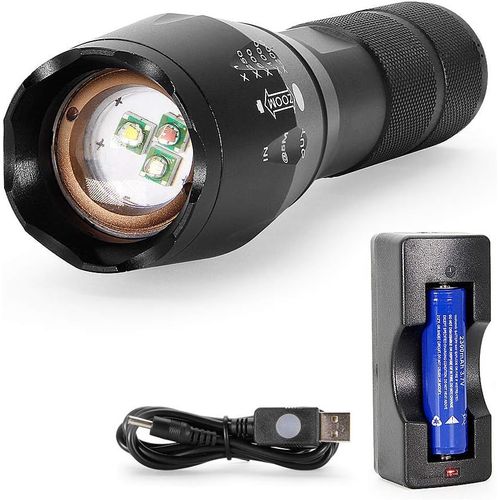 BAERTMY-Lampe Torche Tactique Led 3 En 1 1000 Lumens Avec Zoom Et Vision Nocturne Rechargeable Pour Chasse, Pêche, Camping, Astronomie, Batterie 2200 Mah Et Chargeur Usb Inclus