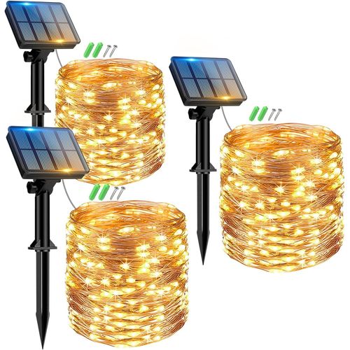 BAERTMY-Lot De 3 Guirlande Solaire Exterieur, 3X12M 120 Led Golaire Extérieur Ip65 Étanche, 8 Modes Guirlande Lumineuse Exterieure Solaire Pour Jardin Terrasse Noël Mariage Fête, Blanc Chaud
