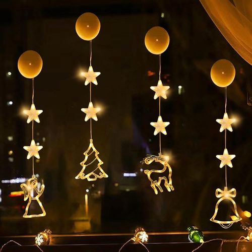 BAERTMY-Rideau Lumineux De Noël,4 Pièces Guirlandes Lumineuse Fenêtre Renne Sapin Cloche,Rideau Lumineux Noël Étoile Led,Pour Exterieur Interieur Chambre Fenetre Mariage Noël Déco